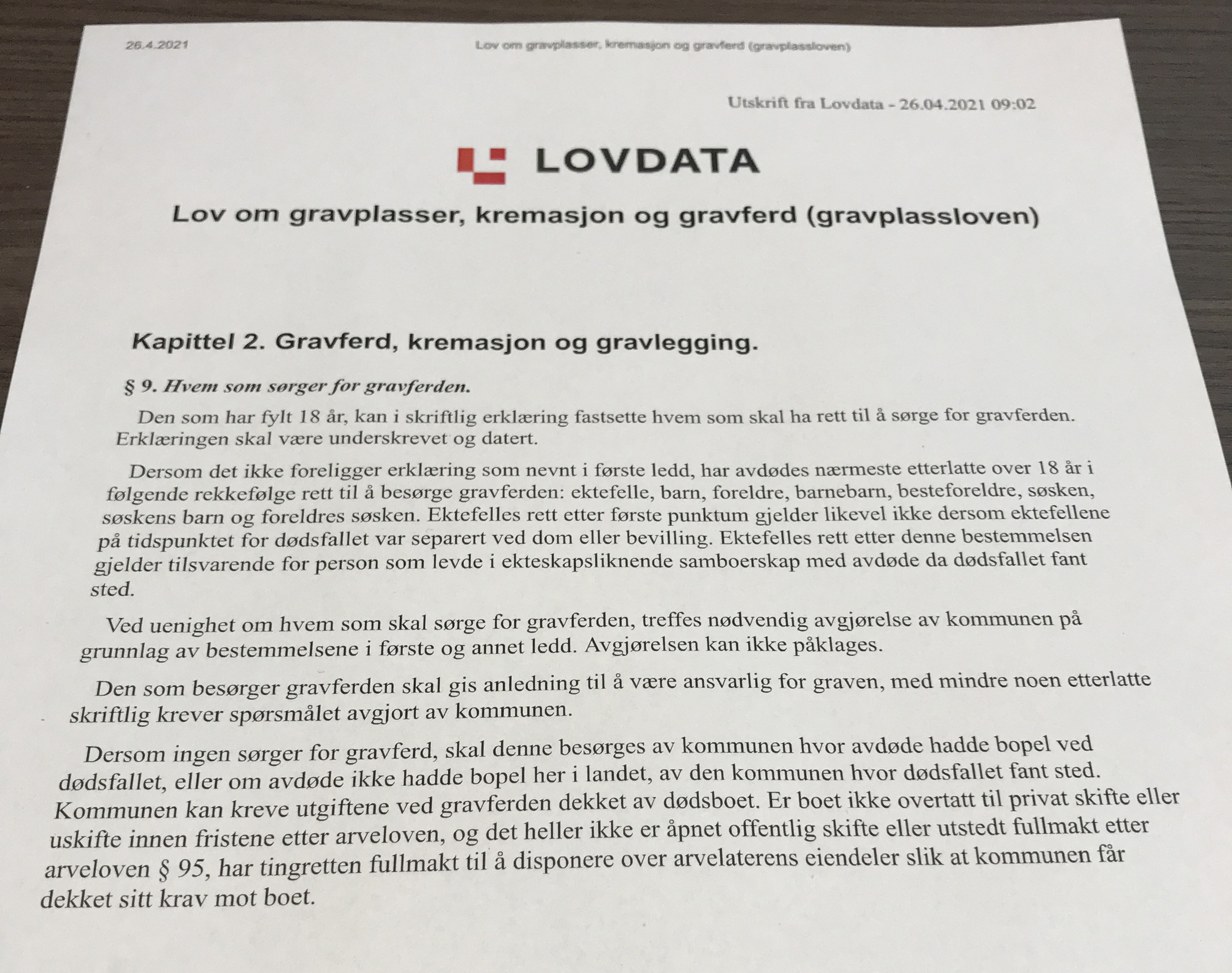 Utskrift av gravplassloven § 9